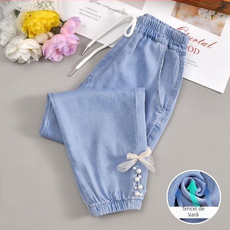 Pantaloni denim pentru fete, vară, protecție împotriva țânțarilor, material Ice Silk, lungi, croială lejeră, pentru copii peste 8 ani