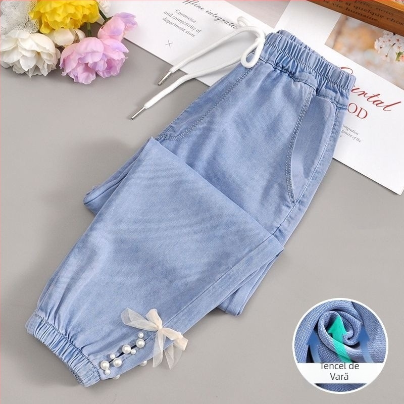 Pantaloni denim pentru fete, vară, protecție împotriva țânțarilor, material Ice Silk, lungi, croială lejeră, pentru copii peste 8 ani