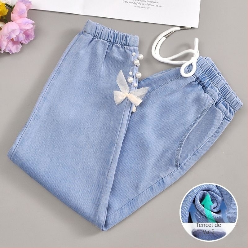 Pantaloni denim pentru fete, vară, protecție împotriva țânțarilor, material Ice Silk, lungi, croială lejeră, pentru copii peste 8 ani