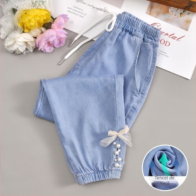 Pantaloni denim pentru fete, vară, protecție împotriva țânțarilor, material Ice Silk, lungi, croială lejeră, pentru copii peste 8 ani