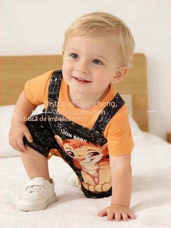 Costum pentru bebeluși și copii mici, primăvară-toamnă: romper cu mâneci scurte și pantaloni scurți, imprimeu cu un leu drăguț, aspect de două piese, drăguț și confortabil