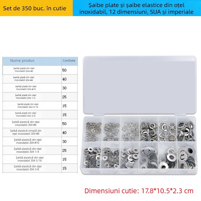 Set de 350 șaibe din oțel inoxidabil: șaibe plate și elicoidale, în cutie, standarde americane și britanice, metal