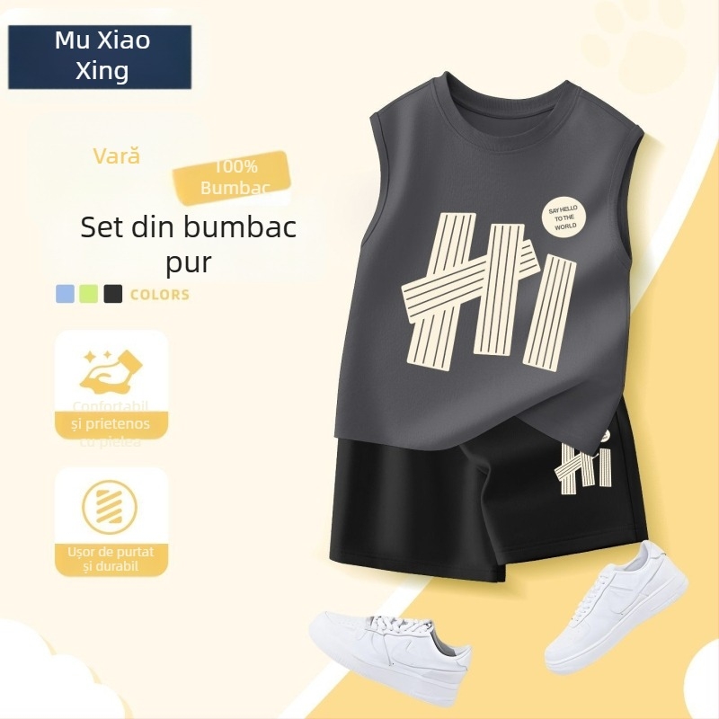 Set de două piese pentru băieți, vară: îmbrăcăminte sport casual, vestă fără mâneci și șorturi