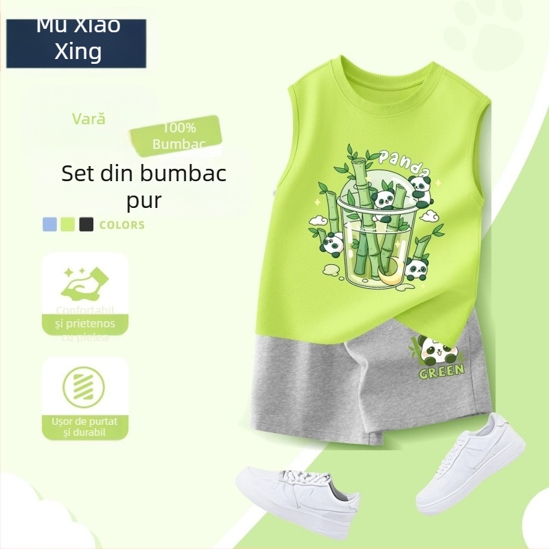 Set de două piese pentru băieți, vară: îmbrăcăminte sport casual, vestă fără mâneci și șorturi