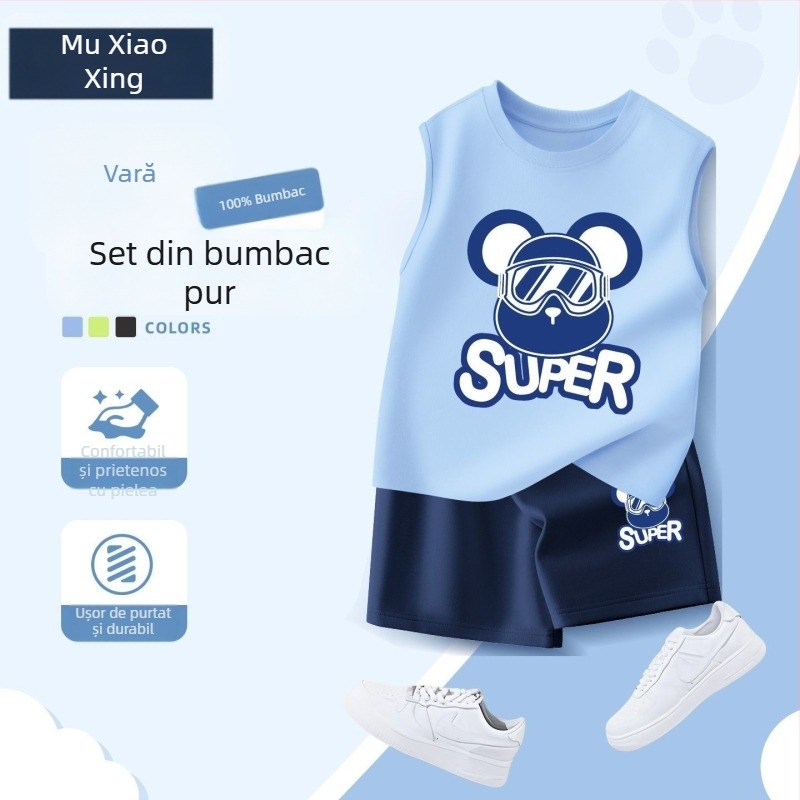 Set de două piese pentru băieți, vară: îmbrăcăminte sport casual, vestă fără mâneci și șorturi