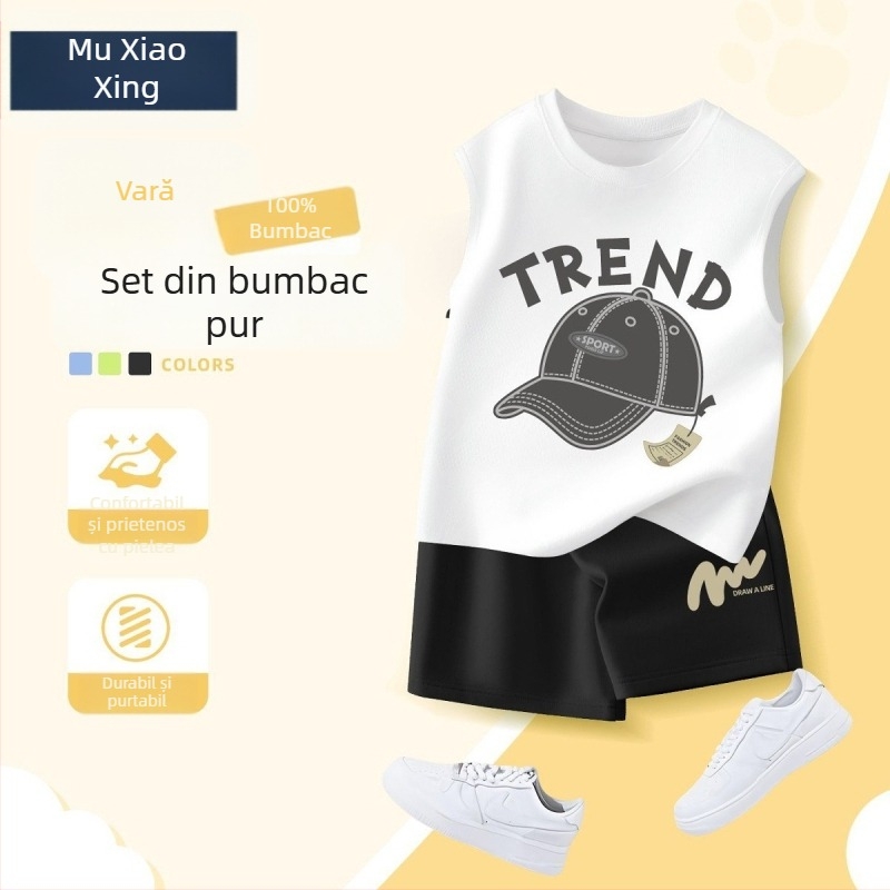 Set de două piese pentru băieți, vară: îmbrăcăminte sport casual, vestă fără mâneci și șorturi