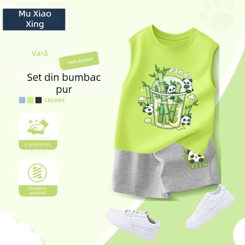 Set de două piese pentru băieți, vară: îmbrăcăminte sport casual, vestă fără mâneci și șorturi