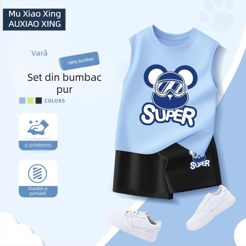 Set de două piese pentru băieți, vară: îmbrăcăminte sport casual, vestă fără mâneci și șorturi
