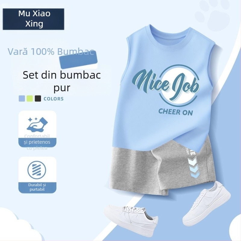 Set de două piese pentru băieți, vară: îmbrăcăminte sport casual, vestă fără mâneci și șorturi