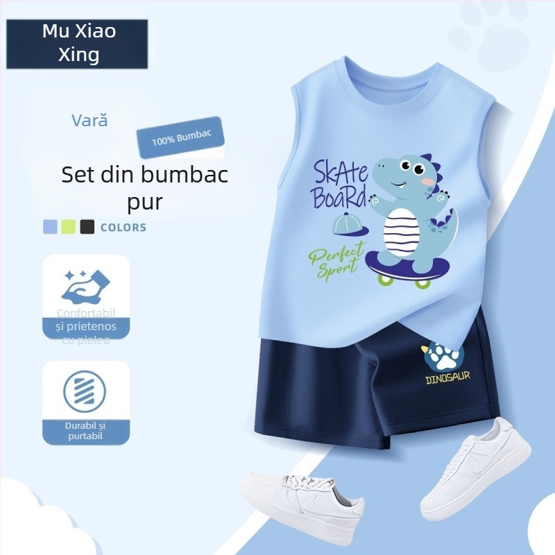 Set de două piese pentru băieți, vară: îmbrăcăminte sport casual, vestă fără mâneci și șorturi