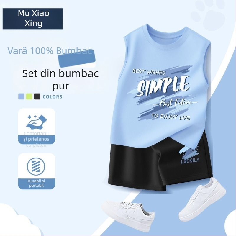Set de două piese pentru băieți, vară: îmbrăcăminte sport casual, vestă fără mâneci și șorturi