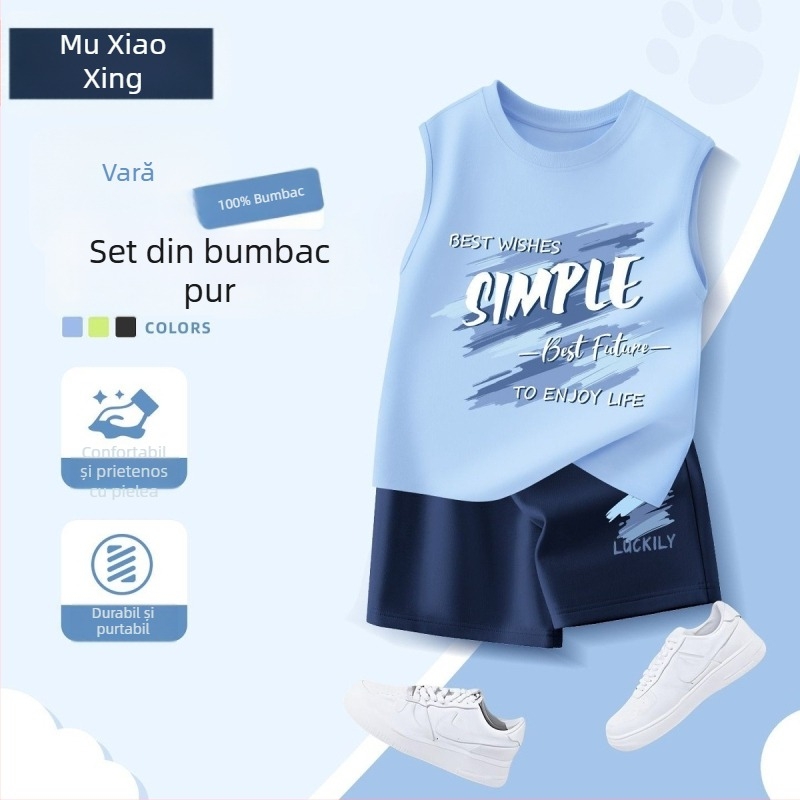Set de două piese pentru băieți, vară: îmbrăcăminte sport casual, vestă fără mâneci și șorturi