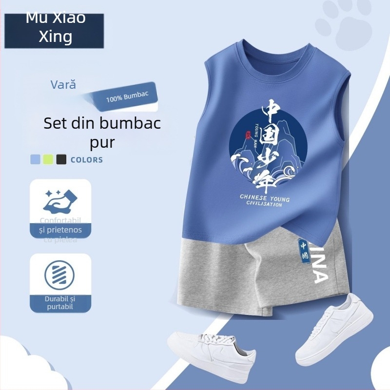Set de două piese pentru băieți, vară: îmbrăcăminte sport casual, vestă fără mâneci și șorturi