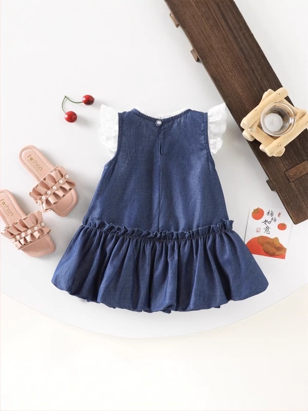 rochie denim pentru fete, cu imprimeu cireș, guler dantelat și funda