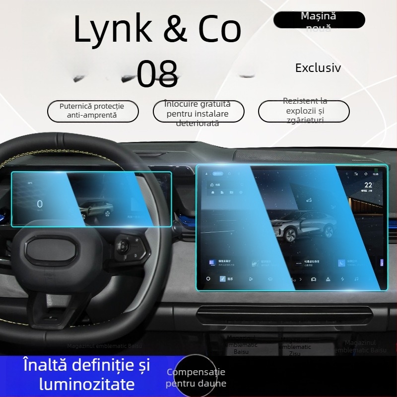 Protecție din sticlă temperată pentru ecranul central Lynk & Co 08, destinat navigației și panoului de bord