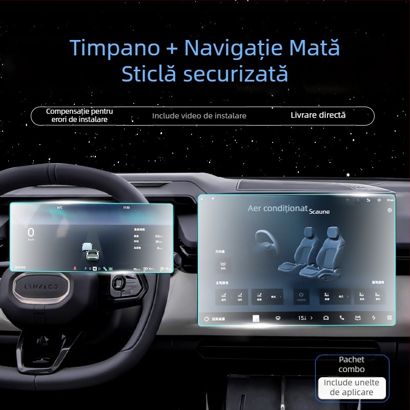 Protecție din sticlă temperată pentru ecranul central Lynk & Co 08, destinat navigației și panoului de bord