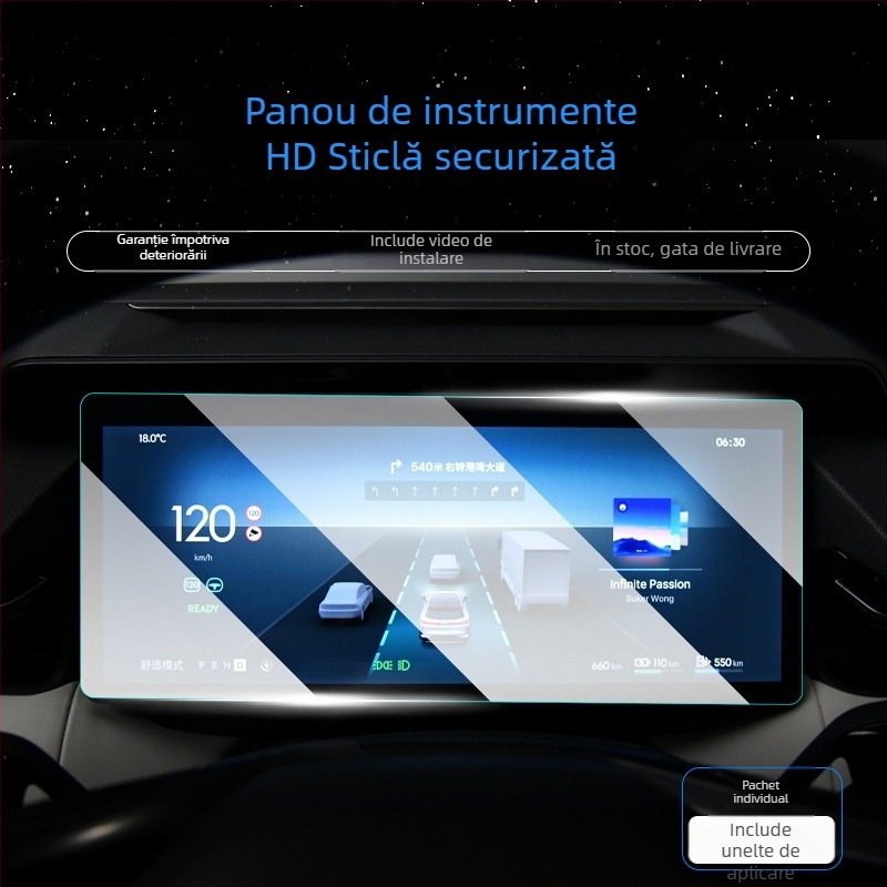Protecție din sticlă temperată pentru ecranul central Lynk & Co 08, destinat navigației și panoului de bord