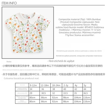 Pentru fetițe 1–3 ani: top floral cu mâneci scurte, stil coreean, guler Peter Pan, 100% bumbac