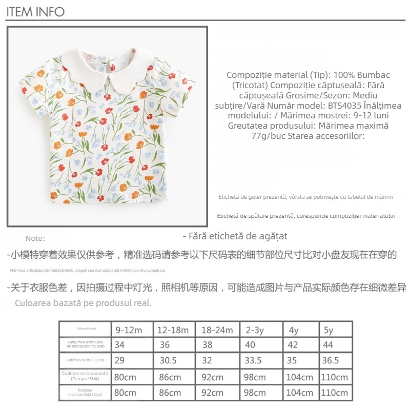 Pentru fetițe 1–3 ani: top floral cu mâneci scurte, stil coreean, guler Peter Pan, 100% bumbac