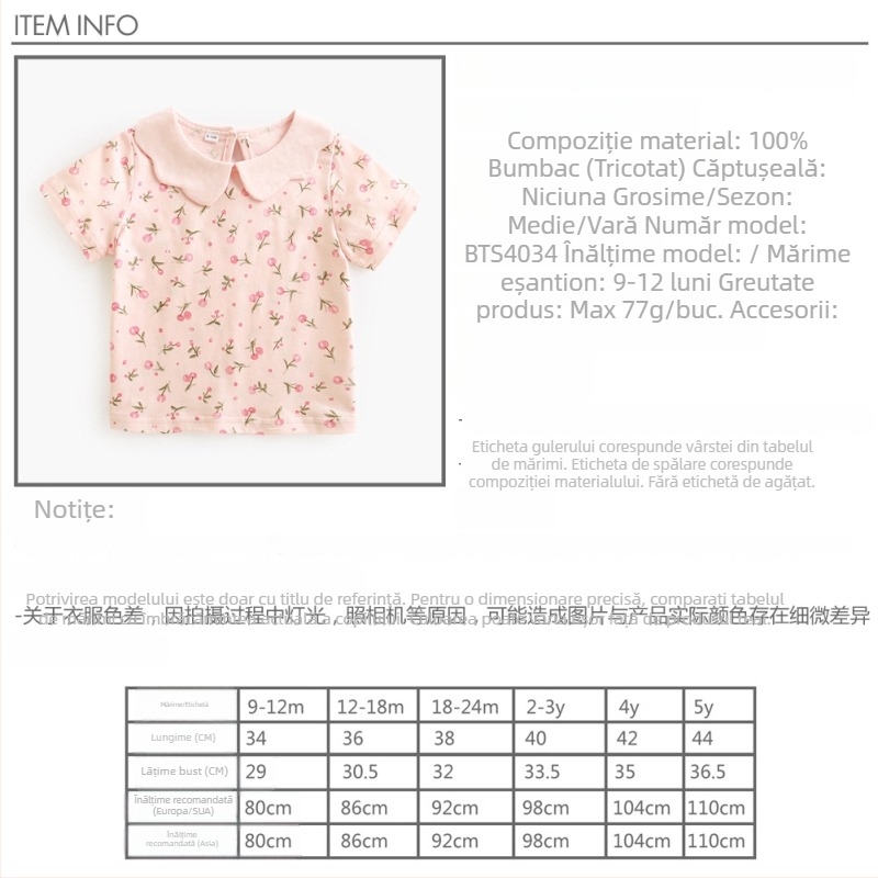 Tricou din bumbac pentru fetițe, mânecă scurtă, guler Peter Pan, imprimeu cireșe, stil coreean