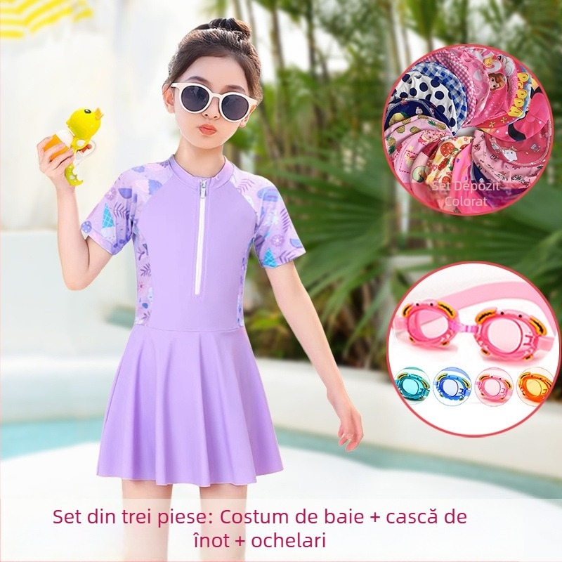 Costum de baie pentru fetițe, două piese, cu fustă, stil coreean, mărime mare