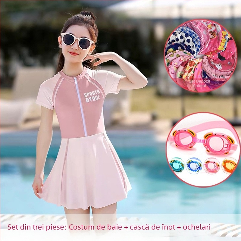Costum de baie pentru fetițe, două piese, cu fustă, stil coreean, mărime mare