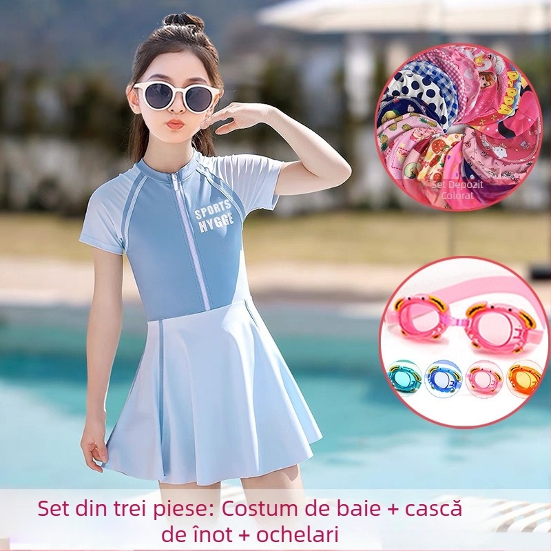 Costum de baie pentru fetițe, două piese, cu fustă, stil coreean, mărime mare