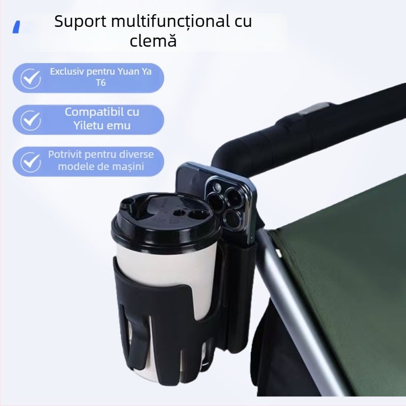 Suport pentru pahar pentru cărucior de bebeluși, cu clemă și suport pentru telefon