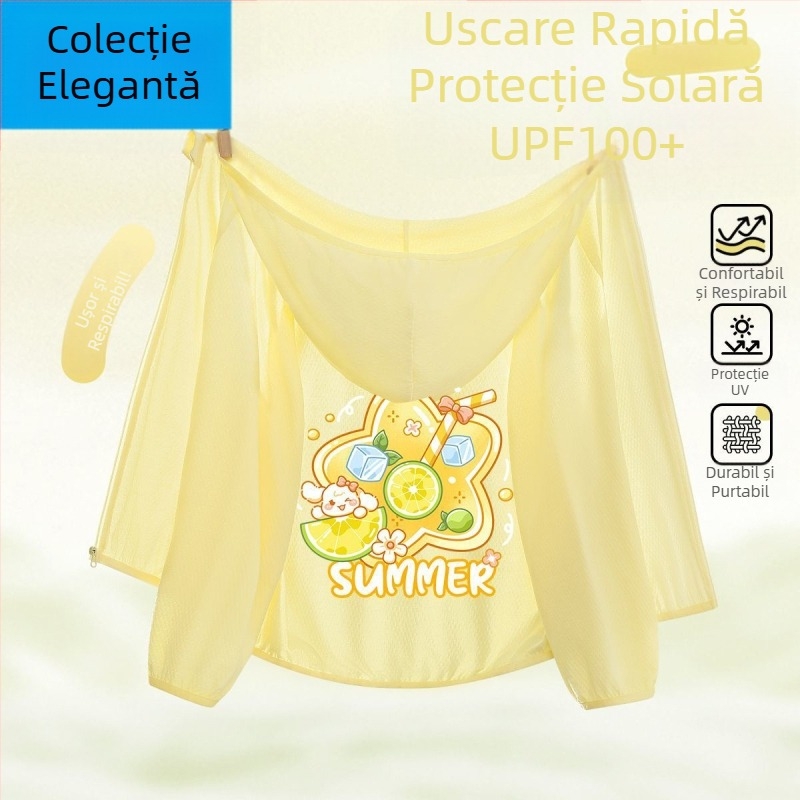 Jachetă de protecție solară pentru fetițe, Ice Silk, uscare rapidă, cu glugă, vară