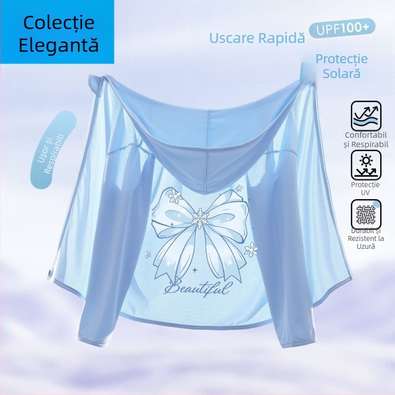 Jachetă de protecție solară pentru fetițe, Ice Silk, uscare rapidă, cu glugă, vară