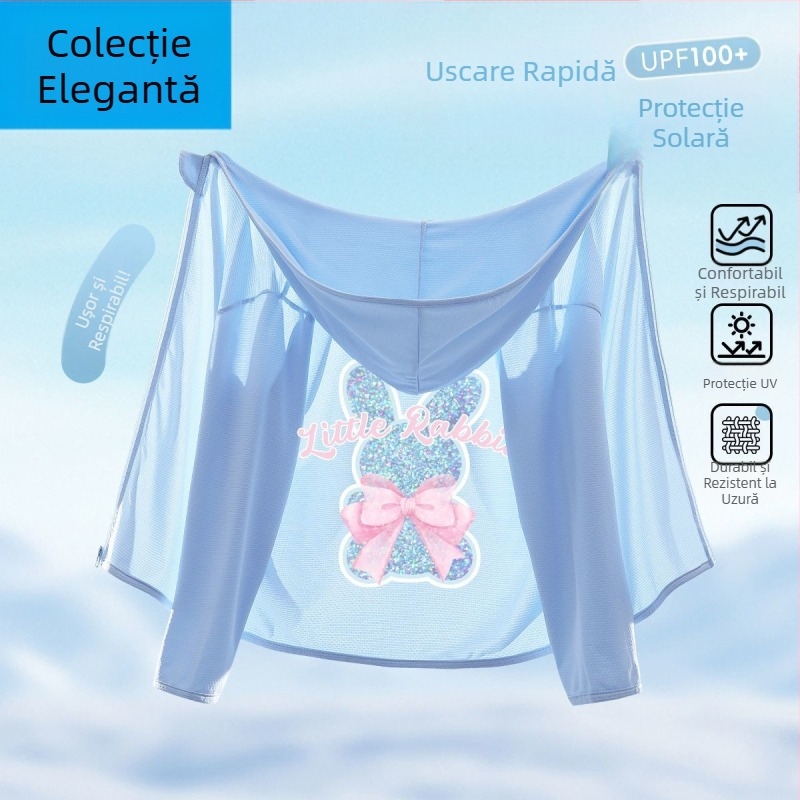 Jachetă de protecție solară pentru fetițe, Ice Silk, uscare rapidă, cu glugă, vară