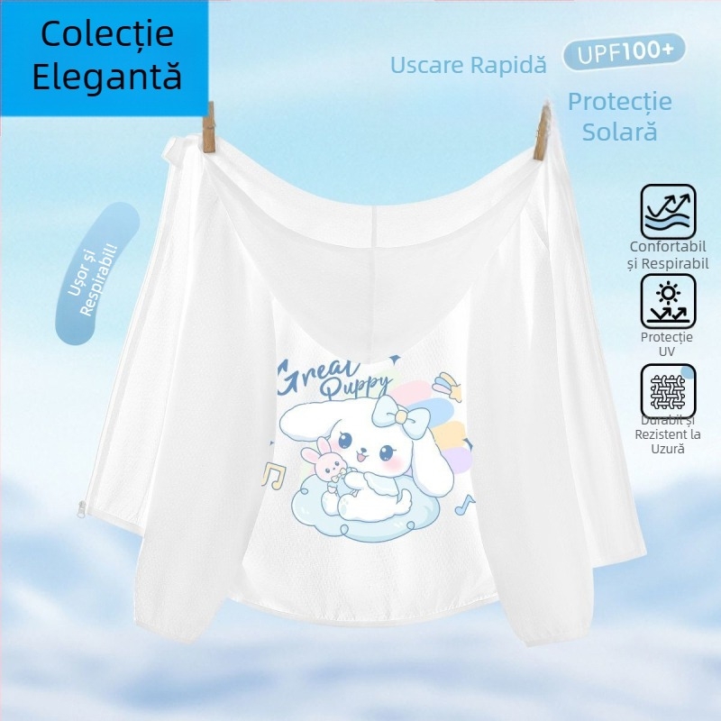 Jachetă de protecție solară pentru fetițe, Ice Silk, uscare rapidă, cu glugă, vară