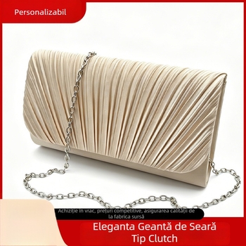 Geantă de seară crem, plisată, în stil euro-american, geantă elegantă cu lanț