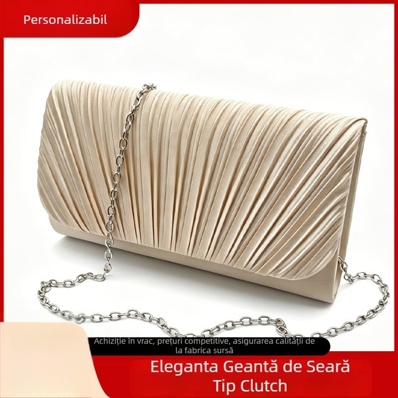 Geantă de seară crem, plisată, în stil euro-american, geantă elegantă cu lanț