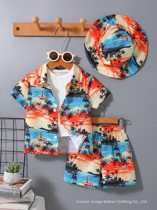Set de trei piese pentru copii, vară: tricou cu mâneci scurte, imprimeu palmier cocos, cămașă și pantaloni scurți, cu pălărie