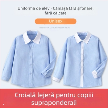 Cămașă pentru copii, stil colegiu, albastră, mărime plus, guler alb, mâneci albe, uniformă pentru elevii din învățământul primar