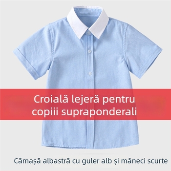 Cămașă pentru copii, stil colegiu, albastră, mărime plus, guler alb, mâneci albe, uniformă pentru elevii din învățământul primar