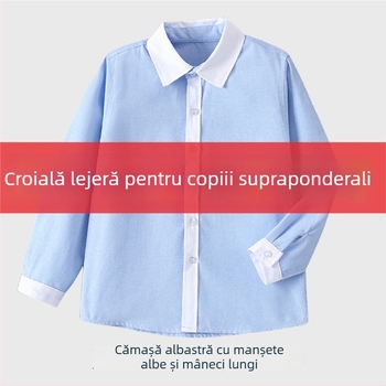 Cămașă pentru copii, stil colegiu, albastră, mărime plus, guler alb, mâneci albe, uniformă pentru elevii din învățământul primar