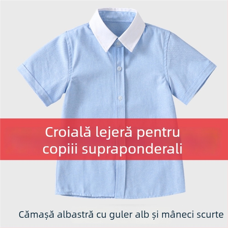 Cămașă pentru copii, stil colegiu, albastră, mărime plus, guler alb, mâneci albe, uniformă pentru elevii din învățământul primar