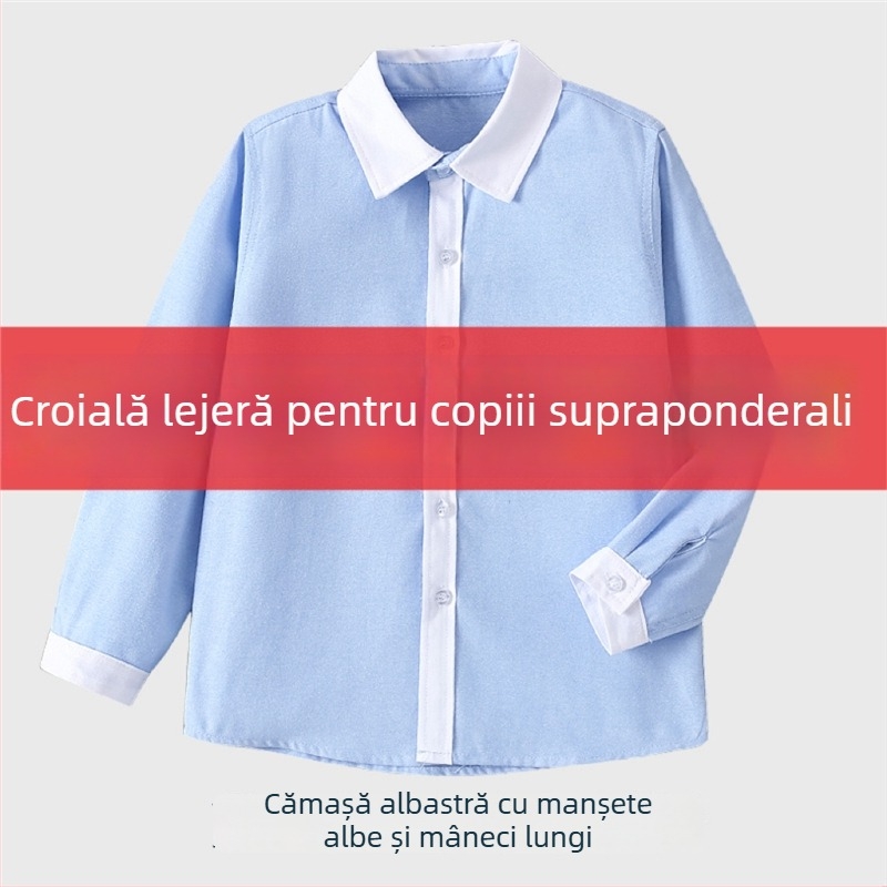 Cămașă pentru copii, stil colegiu, albastră, mărime plus, guler alb, mâneci albe, uniformă pentru elevii din învățământul primar