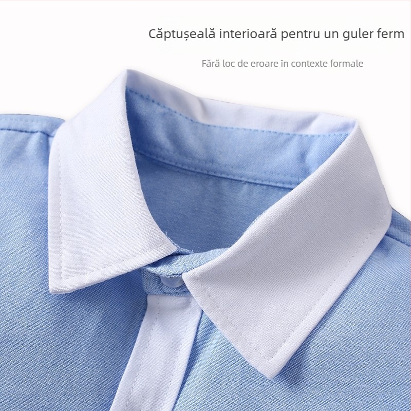 Cămașă pentru copii, stil colegiu, albastră, mărime plus, guler alb, mâneci albe, uniformă pentru elevii din învățământul primar