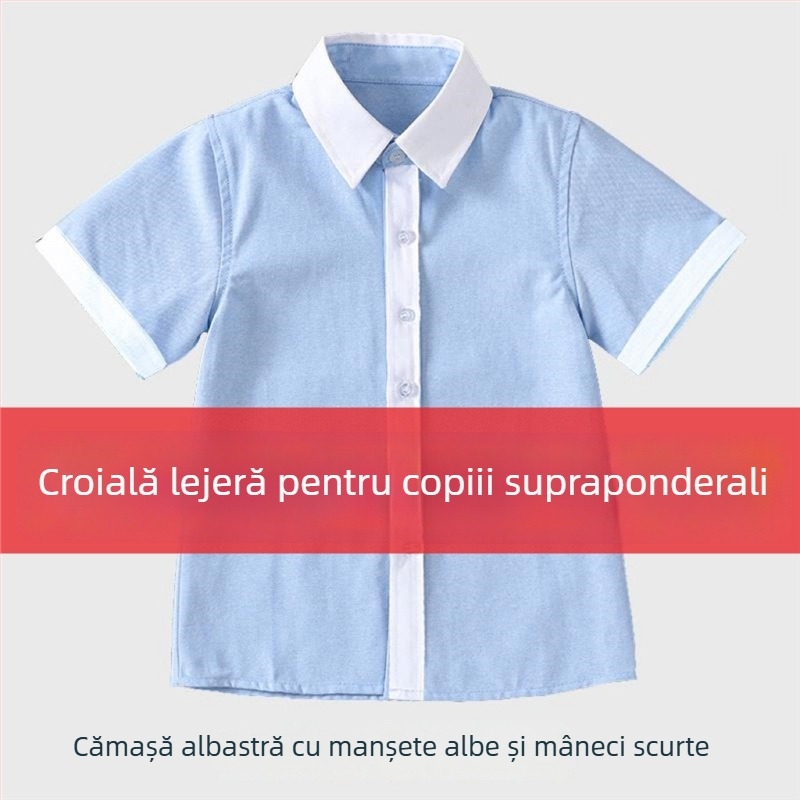 Cămașă pentru copii, stil colegiu, albastră, mărime plus, guler alb, mâneci albe, uniformă pentru elevii din învățământul primar