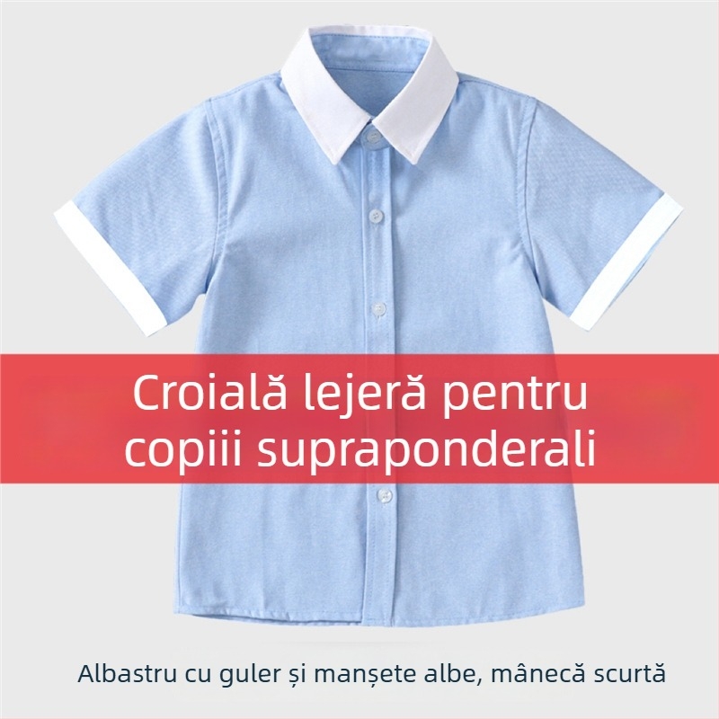 Cămașă pentru copii, stil colegiu, albastră, mărime plus, guler alb, mâneci albe, uniformă pentru elevii din învățământul primar