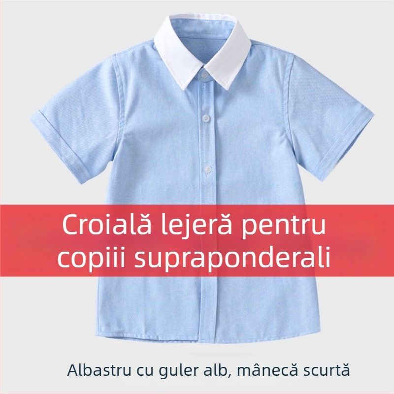 Cămașă pentru copii, stil colegiu, albastră, mărime plus, guler alb, mâneci albe, uniformă pentru elevii din învățământul primar