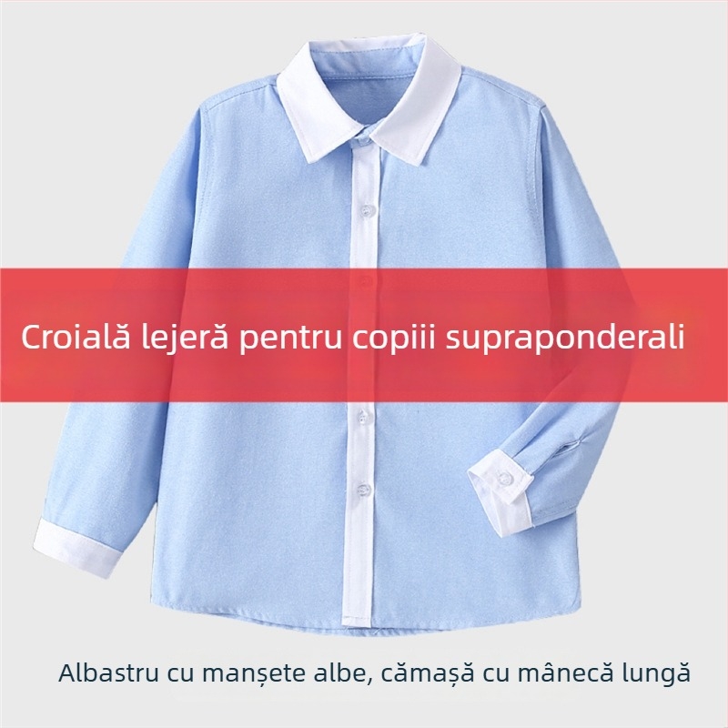 Cămașă pentru copii, stil colegiu, albastră, mărime plus, guler alb, mâneci albe, uniformă pentru elevii din învățământul primar