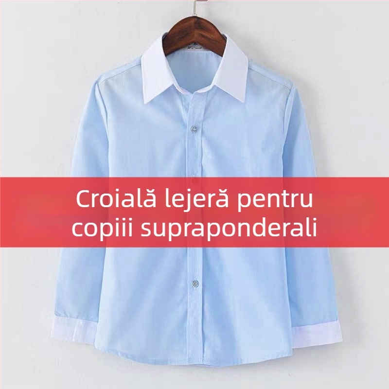 Cămașă pentru copii, stil colegiu, albastră, mărime plus, guler alb, mâneci albe, uniformă pentru elevii din învățământul primar