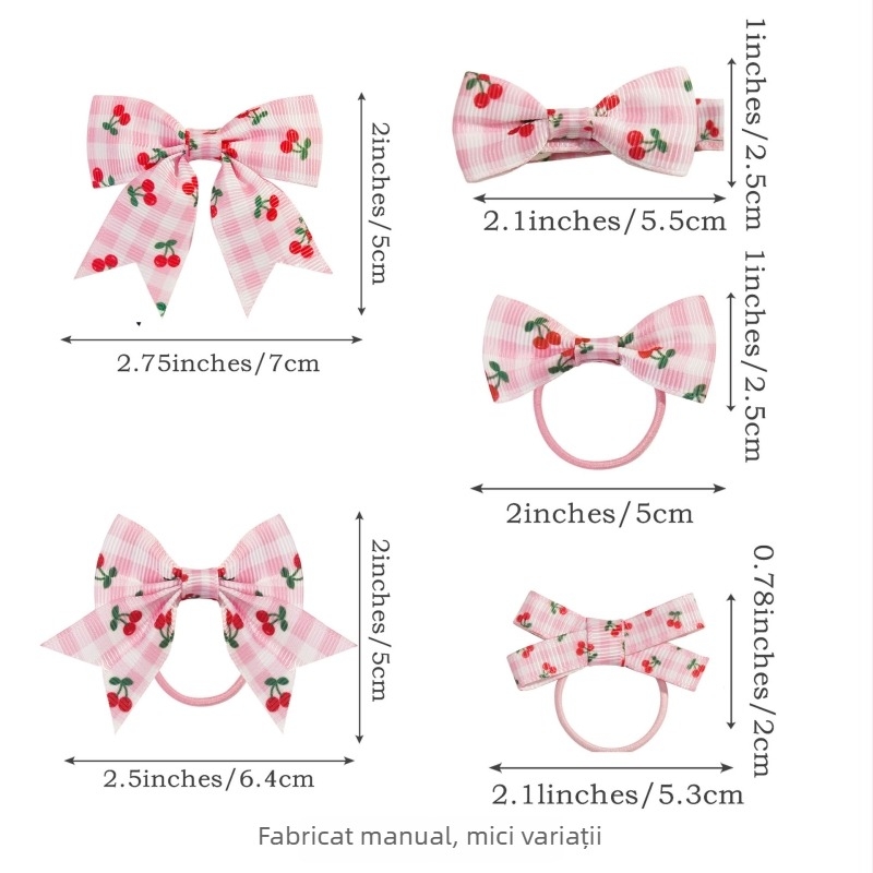 Set accesorii păr pentru copii: clipsuri roz cu funda, agrafe cu cireș și elastice de păr