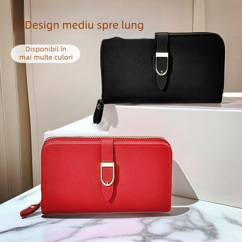 Portofel lung pentru femei în stil coreean, elegant și minimalist, culoare uni, buzunar cu fermoar pentru monede