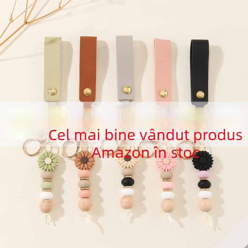 Pandantiv de chei din piele cu mărgele de silicon în model margaretă, brățară din mărgele pentru genți și portofele