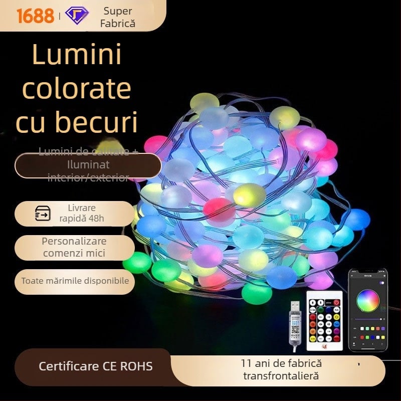 Șir de lumini cu control vocal, becuri sferice care se schimbă culoarea, șnur din piele, decor exterior